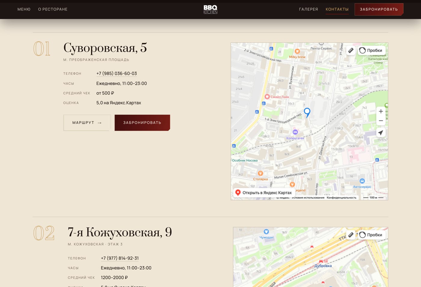 Два зала: адрес, часы, средний чек и карта