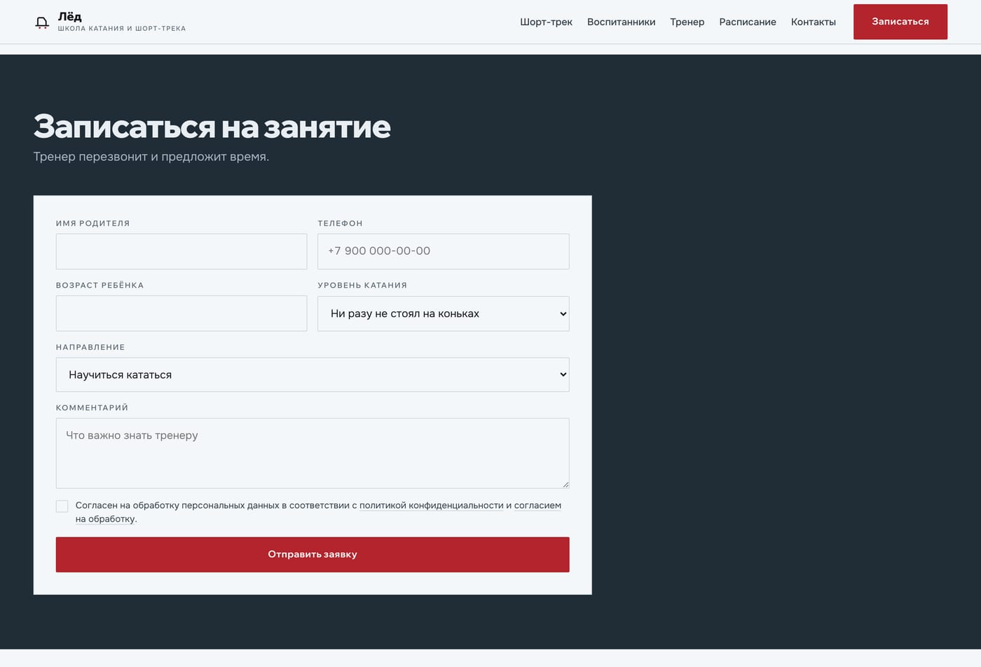 Запись на занятие: возраст, уровень, направление, согласие